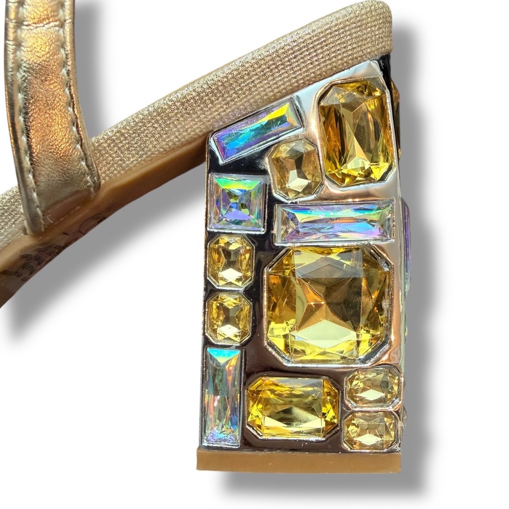 Belovey Sz 6.5 Women Gold Crystal Embellished Block Heel Ankle Strap Sandals - Picture 3 of 15